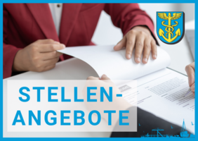 Person in rotem Pullover unterschreibt Dokumente, Text 'Stellenangebote', Wappen oben rechts