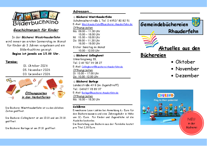Zweiseitiger Flyer mit Textblöcken und Bildern zu aktuellen Themen der Büchereien.