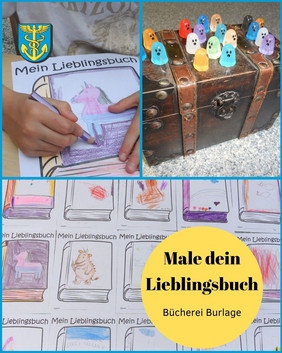 Collage aus drei Bildern wie Buchcover gemalt werden, außerdem sind kleine Geister auf einer Schatztruhe zu sehen.