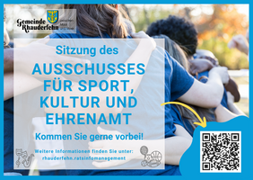 Zwei Personen sitzen nebeneinander auf einer Bank, eine umarmt die andere von hinten. Textfeld mit dem Titel 'Sitzung des Ausschusses für Sport, Kultur und Ehrenamt' und einem QR-Code rechts unten.