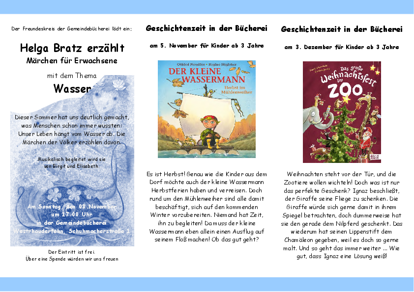 Zweiseitiger Flyer mit Textblöcken und Bildern zu aktuellen Themen der Büchereien.