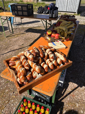 Brotkorb mit Brezeln auf einem orangenen Klapptisch neben Bananen, Äpfeln und Getränkeflaschen im Freien