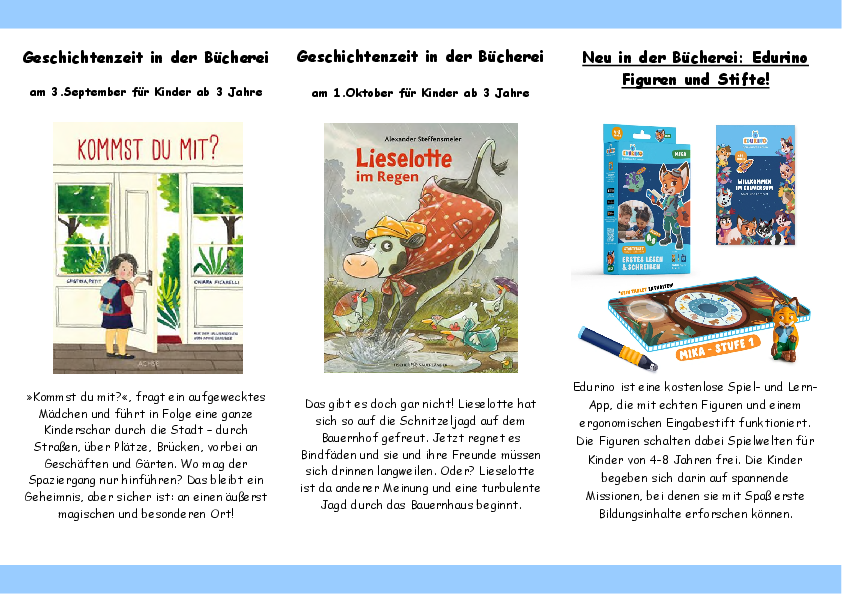 Zweiseitiger Flyer mit Textblöcken und Bildern zu aktuellen Themen der Büchereien.