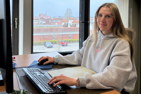 Frau sitzt an einem Schreibtisch vor einem Computer mit Tastatur und Maus, im Hintergrund Fenster mit Blick auf eine Stadtlandschaft