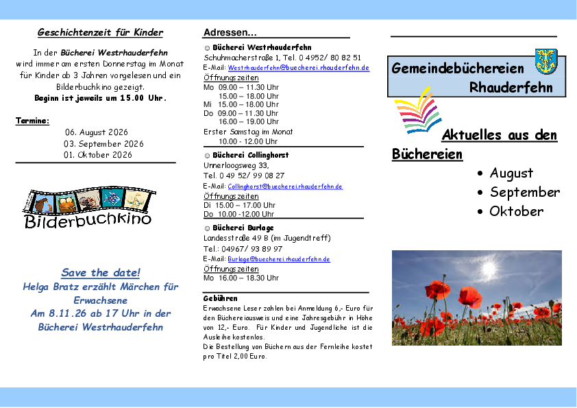 Zweiseitiger Flyer mit Textblöcken und Bildern zu aktuellen Themen der Büchereien.