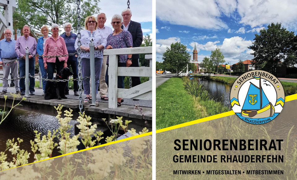 Zweiteiliges Bild. Auf der linken Seite steht eine Seniorengruppe auf einer kleinen Brücke und auf der rechten Seite sieht man den Kanal. Unten rechts in der Ecke steht "Seniorenbeirat Gemeinde Rhauderfehn" und das Logo vom Seniorenbeirat