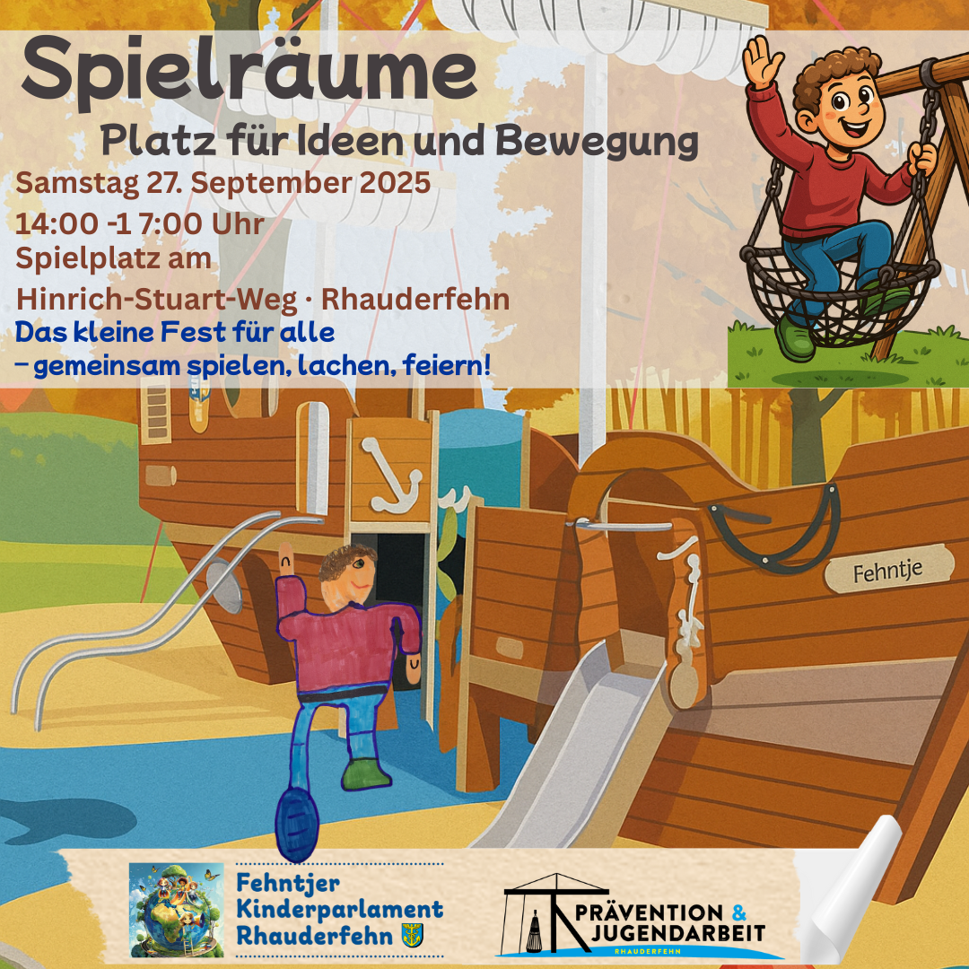 Illustration eines Spielplatzes mit Rutsche und Klettergerüst, zwei Kinder spielen, Text mit Veranstaltungshinweis am 27. September 2025 von 14 bis 17 Uhr in Rhauderfehn.