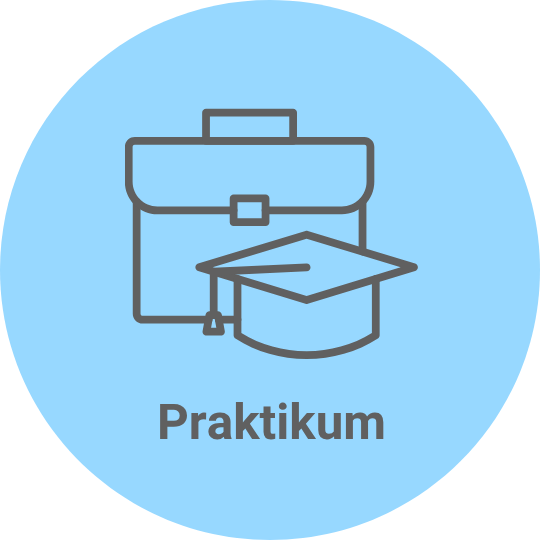Blauer Kreis mit Aktentasche und Absolventenhut, Praktikum steht unten geschrieben